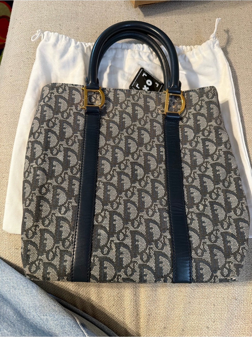 Designer Monogram Tote Bag in Navy and Gray